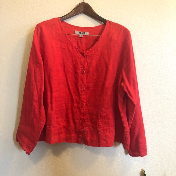 Flax || Button Linen Red Blouse Top - Picture 2 of 7
